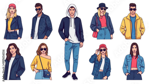 Illustration of diverse young adults wearing fashionable clothing and accessories standing in various poses