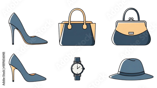 Fashion accessories illustration featuring handbags, heels, watch, and hat displayed from a straightforward viewpoint.