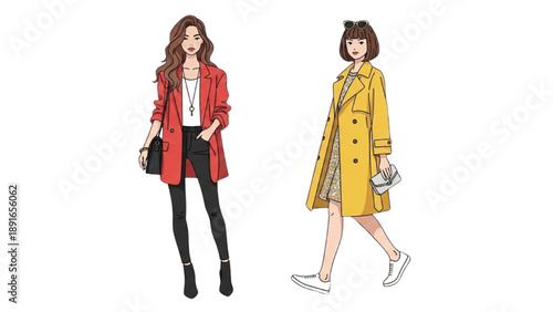 Two women walking in different outfits and carrying bags from different viewpoints