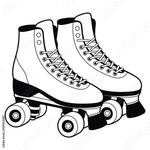 A pair of vintage quad roller skates in a black and white illustration