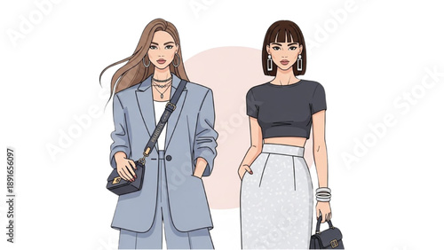 Two young women standing confidently in fashionable outfits and accessories