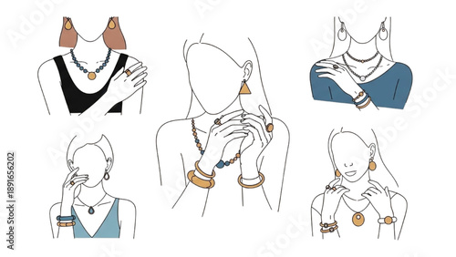 Collection of minimalist illustrations showcasing women accessorized with jewelry in various poses