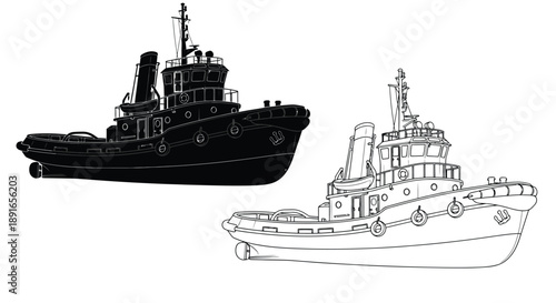 Two tugboats one solid black and one line drawing isolated on white