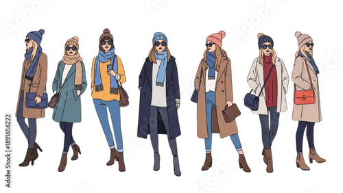 Fashionable women walking in winter clothing and accessories from a front viewpoint