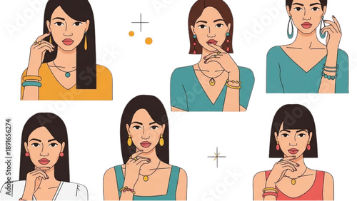Illustration of diverse women using mobile phones and jewelry in various poses and outfits