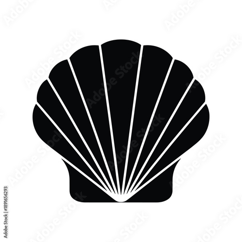 A simple black and white illustration of a scallop seashell