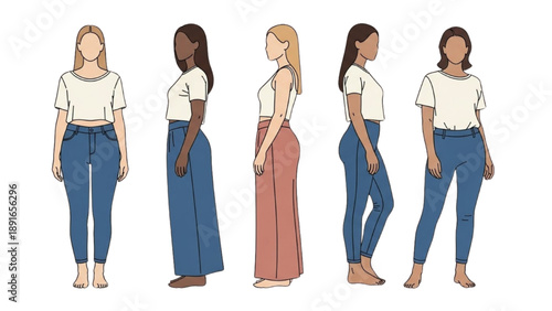 Illustration of diverse women standing together, showcasing different styles and outfits in a minimalist setting from a side viewpoint