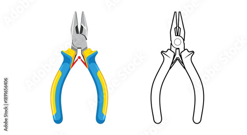 Two pliers a colored version and a black and white outline illustration