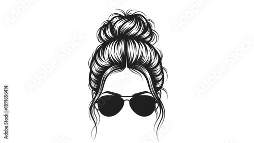 Woman wearing sunglasses with her hair styled in a bun viewed from the front