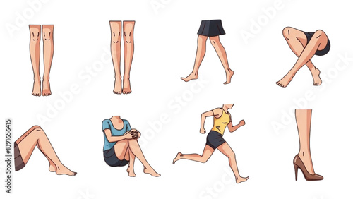 Illustration of various female legs in different poses and outfits, showcasing fashion, movement, and style from a front viewpoint
