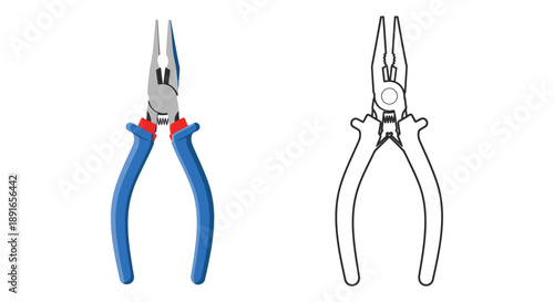 Two views of needle nose pliers color and line drawing