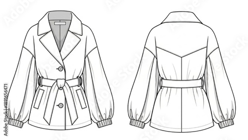 Fashion illustration of a belted jacket from front and back views showcasing detailed design elements