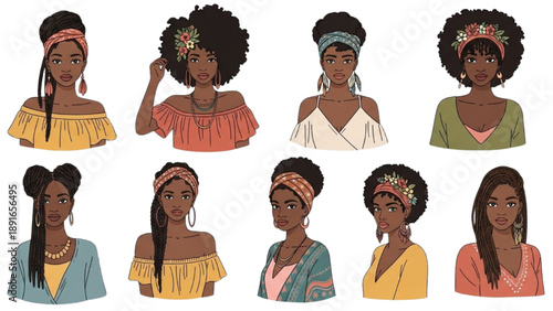 Diverse women with various hairstyles and accessories displayed in a grid of illustrations from a front viewpoint