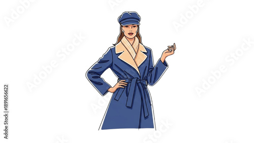 Fashion illustration of a woman wearing a blue trench coat and hat standing confidently