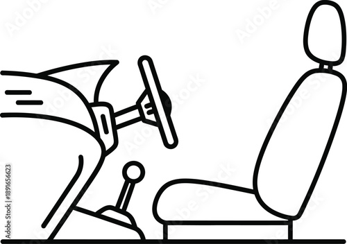 Minimalist line icon of a car's interior with steering wheel, gear shifter, and seat