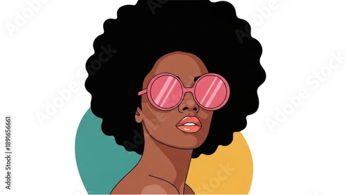 A young woman with afro hairstyle wearing sunglasses in a modern illustration style