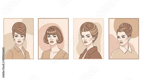 Collection of vintage female portraits showcasing different hairstyles and facial expressions in a minimalist style from a frontal viewpoint