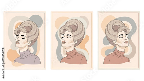 A serene woman with flowing hair is depicted in three different illustrations showcasing her peaceful emotions and facial expressions from various viewpoints