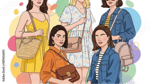 Group of young women standing together holding bags and purses in a casual colorful scene