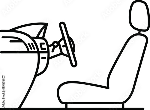 Car interior with steering wheel and driver seat represented in minimalist line art icon