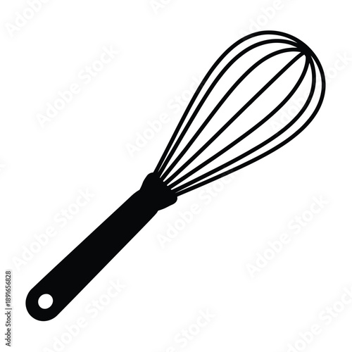 A simple black silhouette of a kitchen whisk on a white background