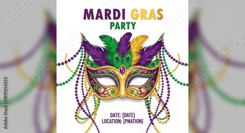 Mardi gras party invitation with colorful mask and beads