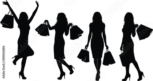 Happy women shopping black silhouettes set, girls carrying shopping bags, fashion shoppers posing, cad drawing flat vector illustration, isolated on white background