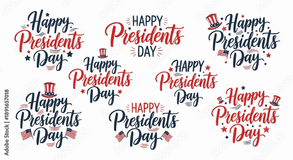 Fototapeta premium Collection of happy presidents day hand lettered calligraphy phrases with patriotic american flag elements and top hats for holiday