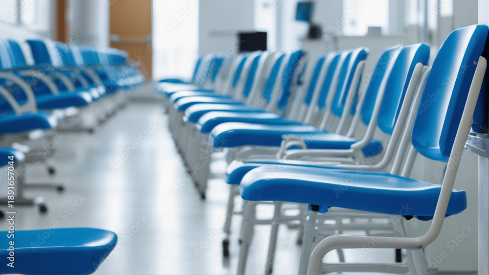 Fototapeta premium Hospital waiting room with empty blue chairs