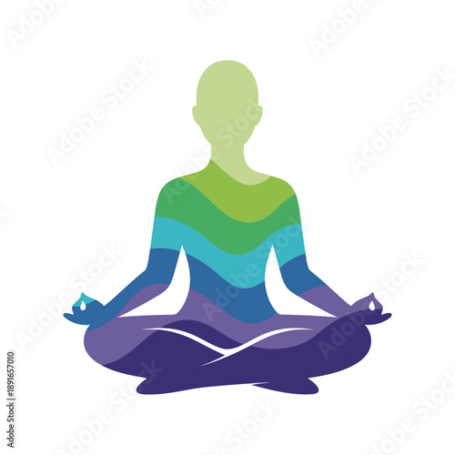 A person meditating in lotus position with hands in mudra, illustrated in a colorful graphic style.