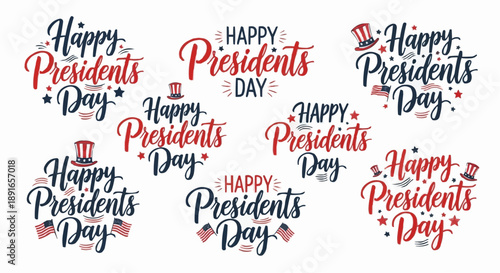 Collection of happy presidents day hand lettered calligraphy phrases with patriotic american flag elements and top hats for holiday