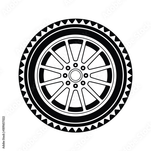 Black and white illustration of a car tire with detailed tread and rim