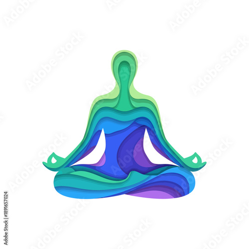 Serene illustration of a person meditating in lotus position with flowing abstract shapes and vibrant colors