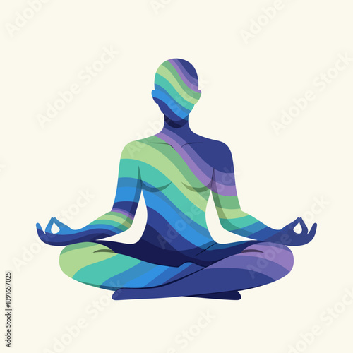 A person meditating in lotus position with colorful stripes on their body, illustration of a serene and peaceful atmosphere