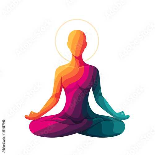 A serene illustration of a person meditating in a lotus position surrounded by vibrant colors and a halo