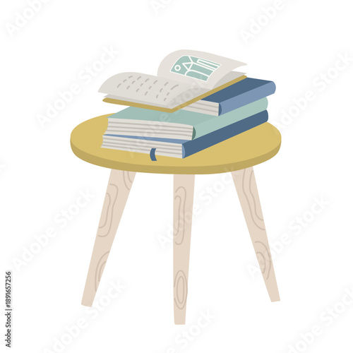 Scandinavian side table with a stack of books and an open book in soft pastel colors. Minimal Nordic cozy reading theme for home decor, education, and lifestyle designs.
