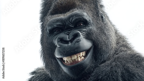 Close-up portrait of silverback gorilla laughing with wide open mouth baring large fangs on plain white background for viral meme