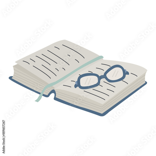 Open book with glasses and a bookmark in soft Scandinavian pastel colors. Minimal Nordic reading illustration for education, library themes, stationery, and cozy lifestyle designs.