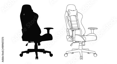 Gaming chair illustration showing side and back views in black and white
