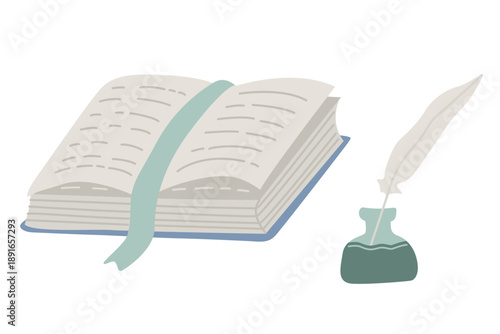 Scandinavian writing and reading illustration with an open book and a quill in ink. Soft pastel colors and minimal Nordic style for literature, education, stationery, and vintage writing themes.