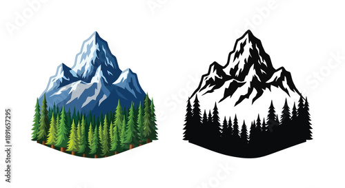 Two depictions of a coniferous forest mountain landscape one in color and monochrome
