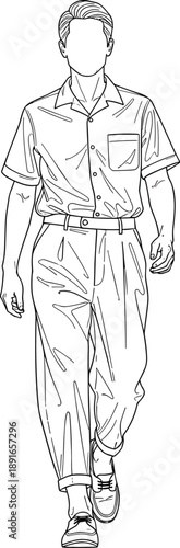 Men's Casual Summer Fashion Illustration Featuring a Short Sleeve Button Down Shirt with Chest Pocket and Pleated Trousers with Cuffed Hems in Black and White Line Art Style