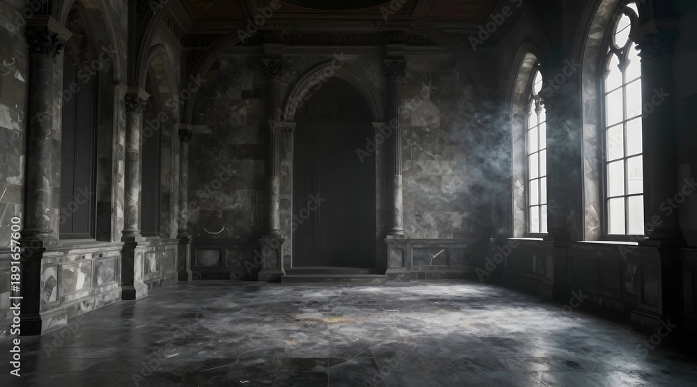 Fototapeta premium Sunlight streams into an empty gothic hall with archways and marble floors
