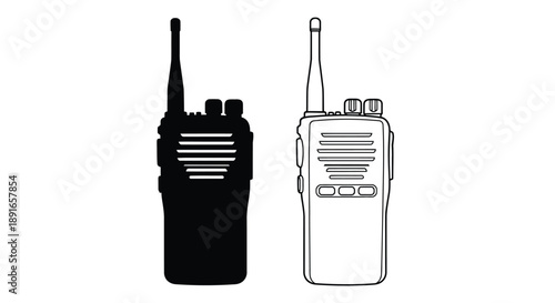 Two walkie talkies shown in contrasting black and white line art styles