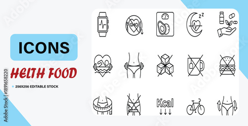 Healthy Food and Fitness Line Icons Set – Diet, Weight Loss, Sugar Free, Wellness and Nutrition Symbols