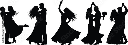 Romantic wedding couples black silhouettes set, dancing partners, bride and groom embracing, happy lovers posing, cad drawing flat vector illustration, isolated icons