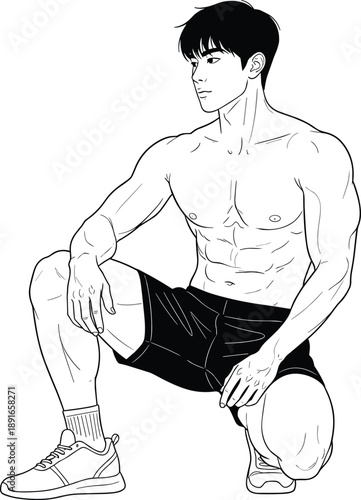 Muscular Male Athlete in Fitness Pose Wearing Black Athletic Shorts and Running Shoes Hand Drawn Manga Style Line Art for Bodybuilding and Gym Concept