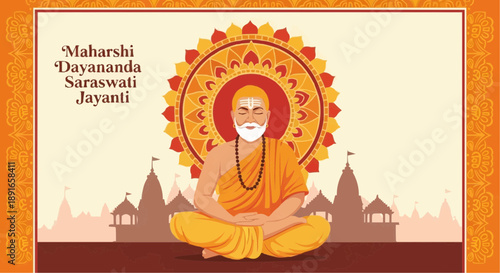 Spiritual guru meditating in lotus position with sacred mandala and temples in the background on maharshi dayananda saraswati jayanti