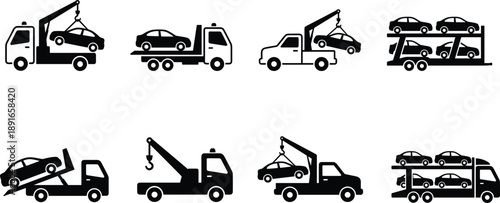 Silhouette icons of tow trucks and car transport vehicles for roadside assistance, logistics, recovery, and automotive service design in vector format