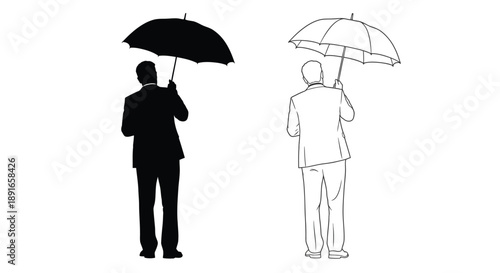 Two figures with umbrellas shown in contrasting black and white styles